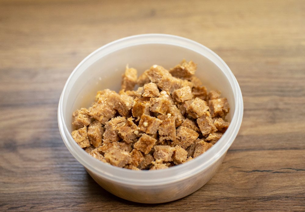 tuna loaf dog treats in a container